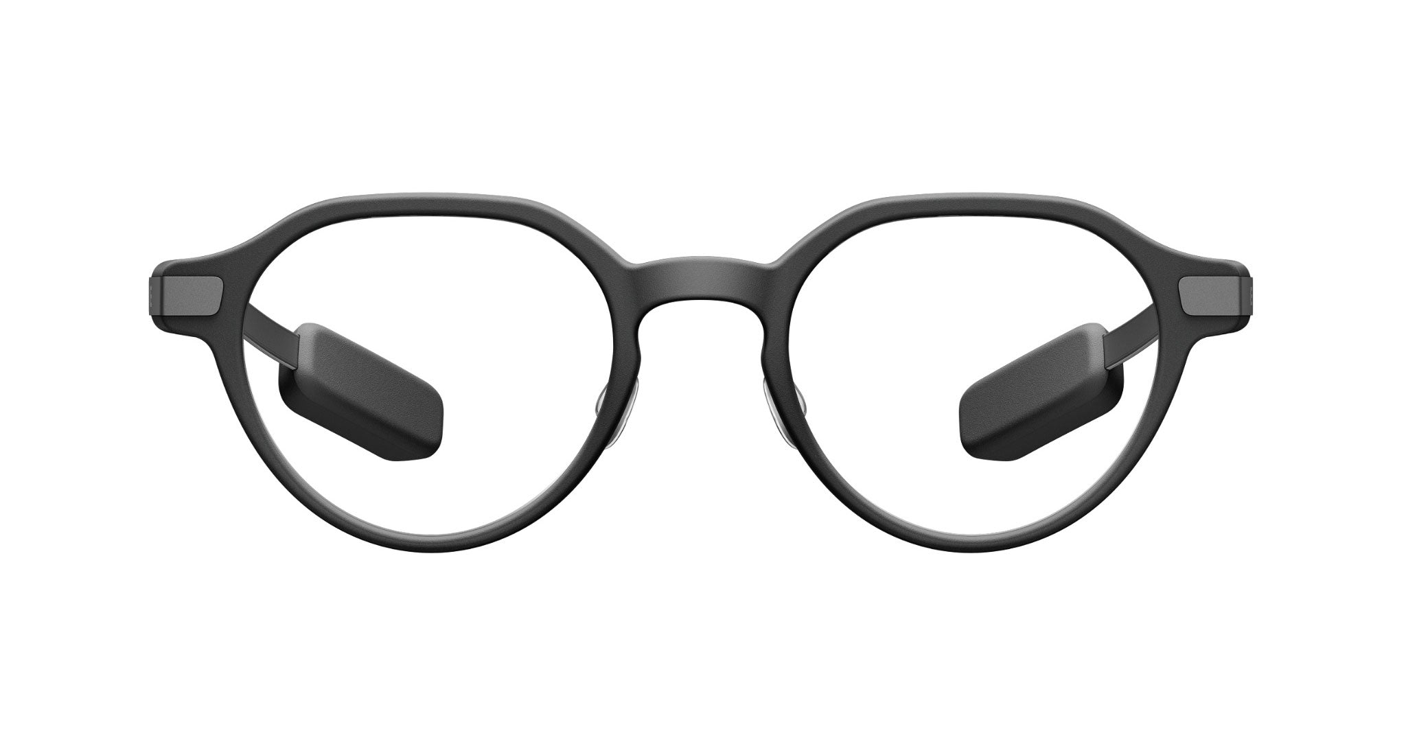 Even Realities G2 A smart eyeglasses with black round frames and built-in speakers, front view.