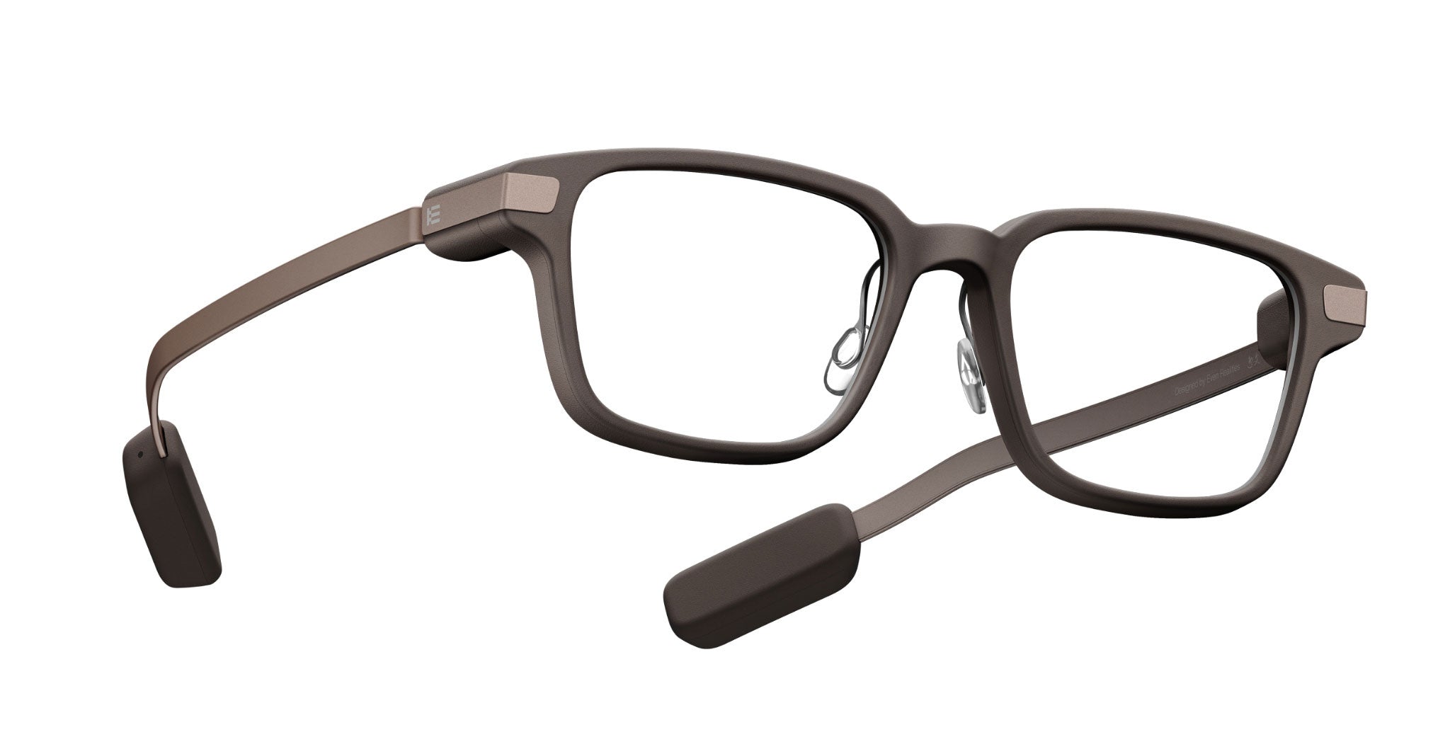 Even Realities G2 B smart eyeglasses, brown rectangular frames, Bluetooth bone conduction audio arms, front view.