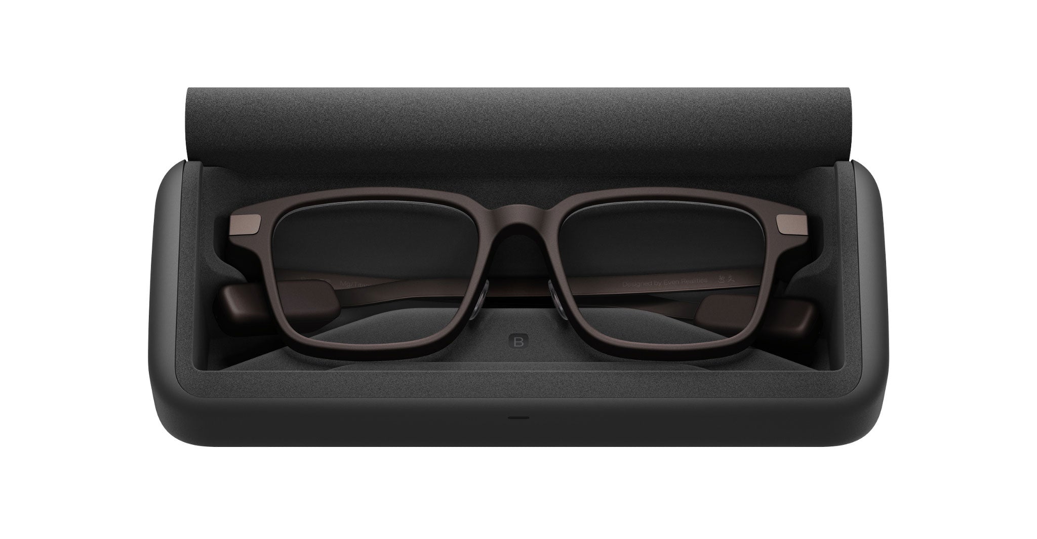 Even Realities G2 B Smart Eyeglasses in a black open case, top-down view displaying the glasses and case interior.