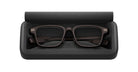 Even Realities G2 B Smart Eyeglasses in a black open case, top-down view displaying the glasses and case interior.