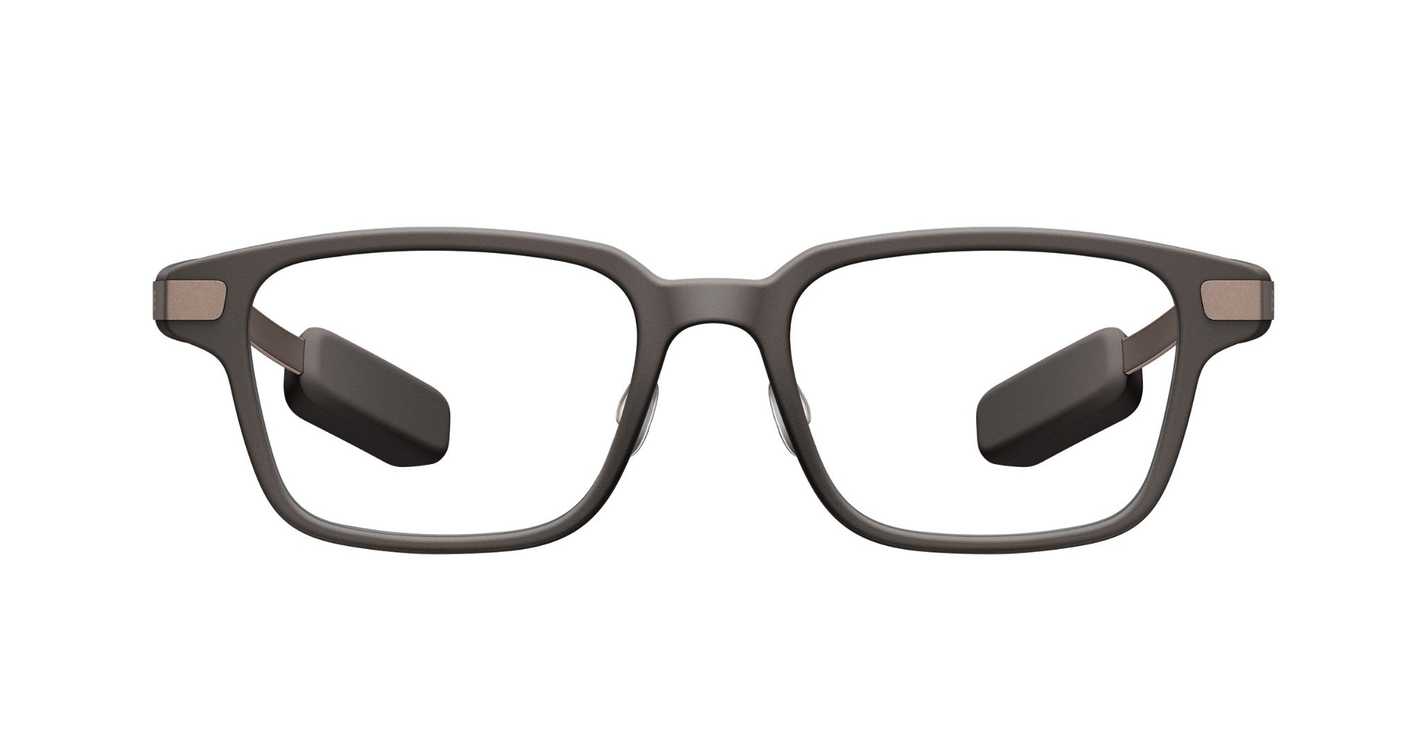 Front view of Even Realities G2 B Smart Glasses eyeglasses featuring dark rectangular acetate frames and thick black nose pads.