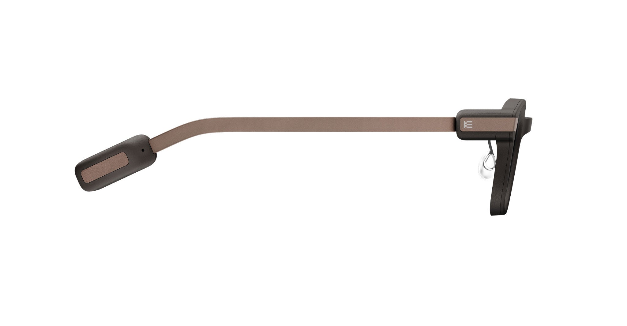 Side view of Even Realities G2 B Smart Glasses eyeglasses, showing a long microphone boom and over-ear support hook.