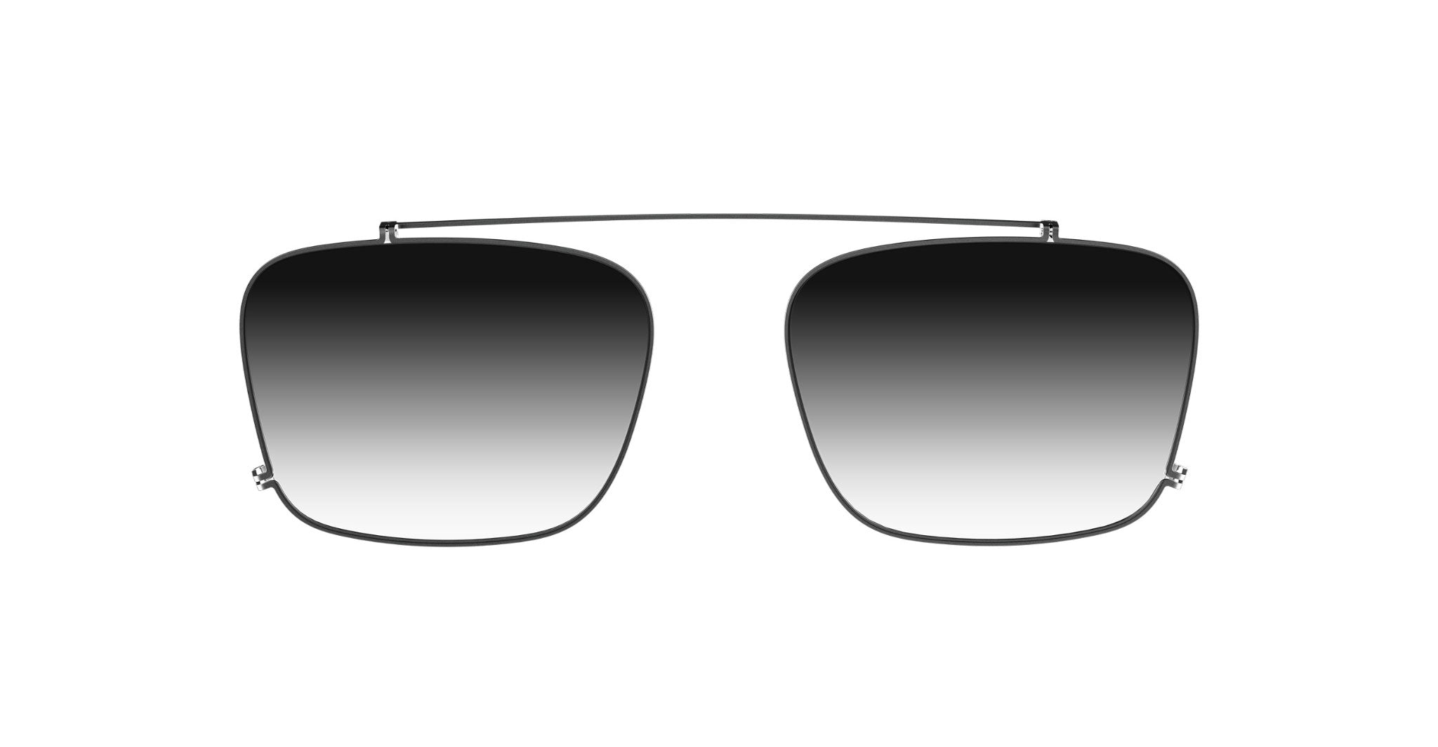 Even Realities G2 B Clip-On sunglasses, front view, black gradient lenses, thin metal frame, UV protection, top connecting bar.