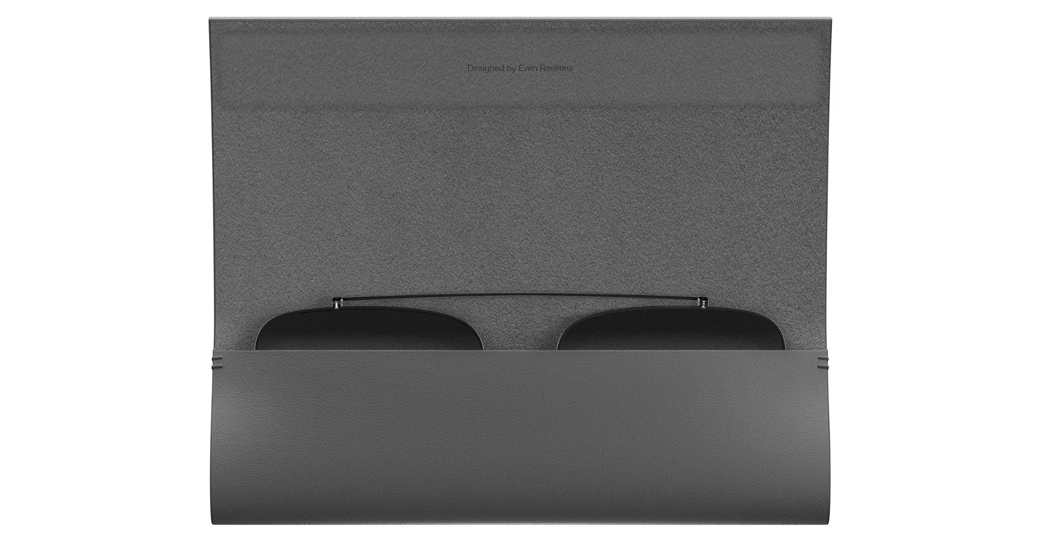 Even Realities G2 B Clip-On black sunglasses displayed from above in an open grey felt case.