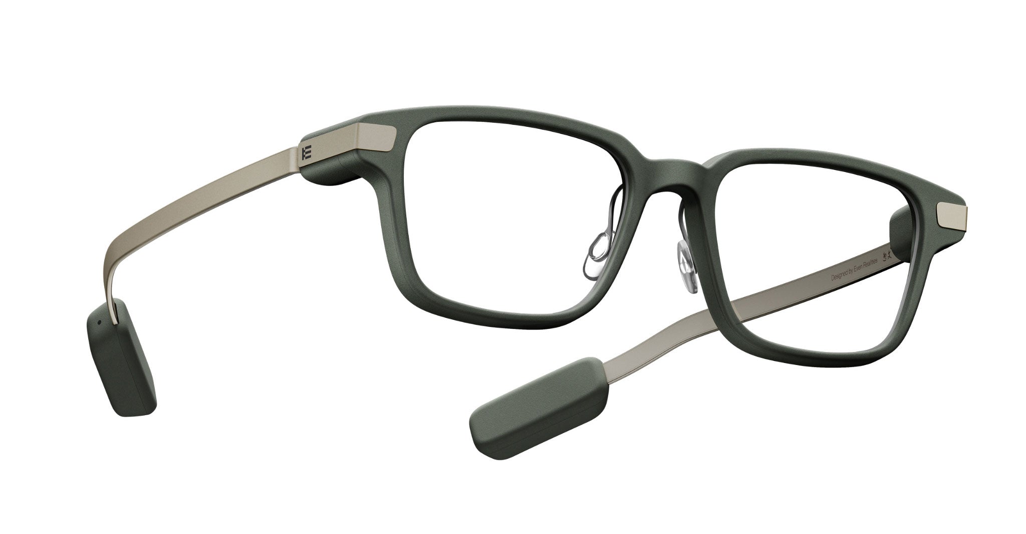 Even Realities G2 B smart eyeglasses with a rectangular green frame and bone conduction speakers in both temples, front view.