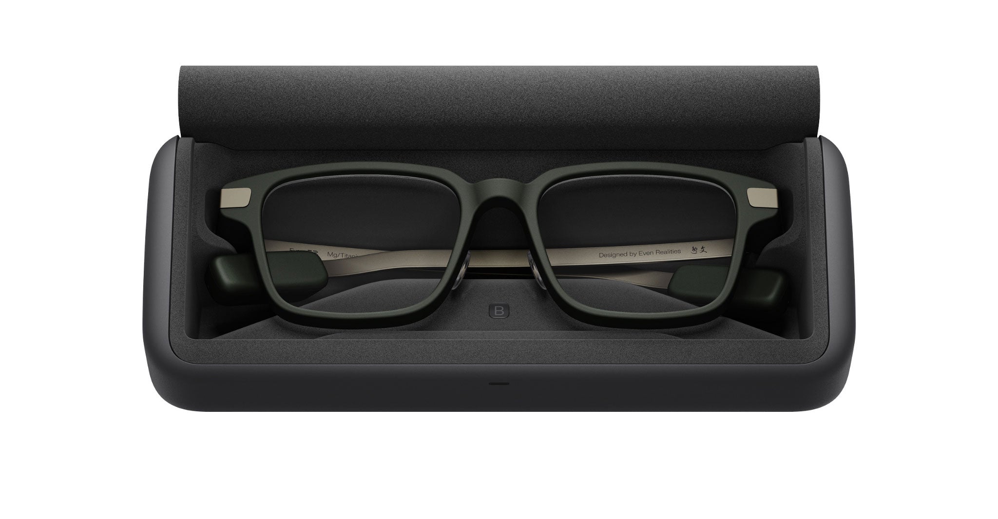 Even Realities G2 B Smart Eyeglasses in black open case, top view showing rectangular frames and neatly arranged arms.