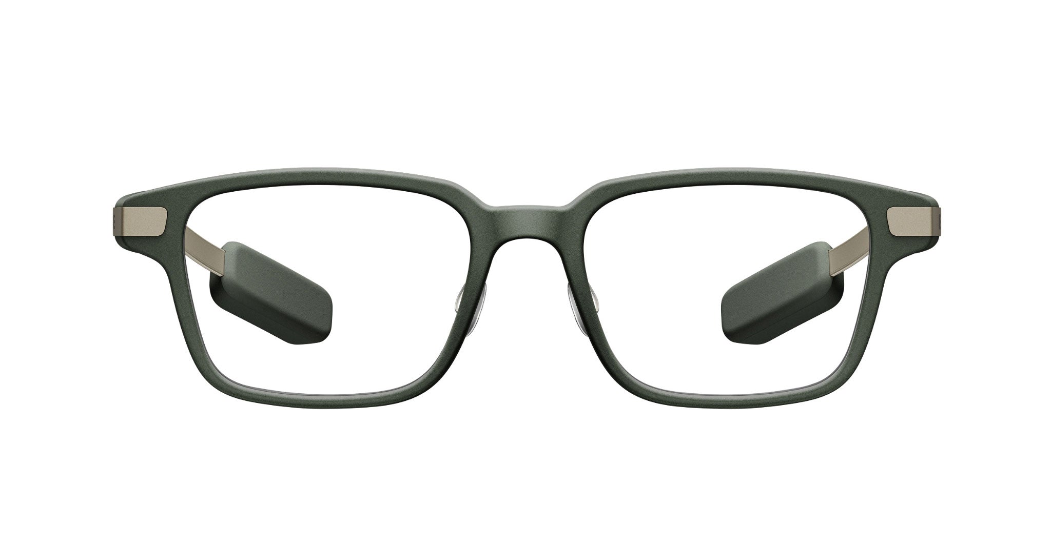 Even Realities G2 B Smart Glasses eyeglasses, front view, featuring green rectangular frames and thick temples.