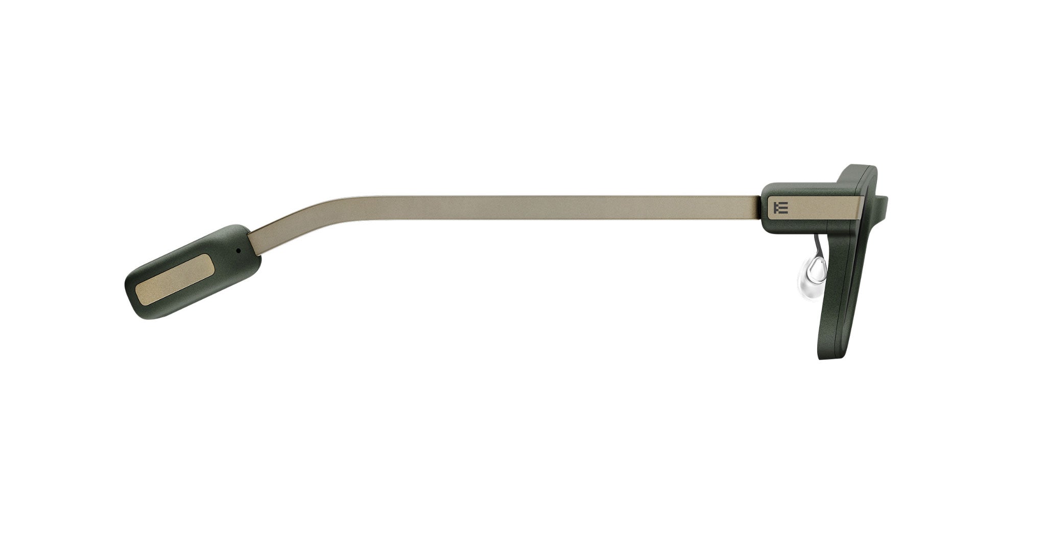 Side view of Even Realities G2 B smart eyeglasses showing slim arm and earpiece, designed for hands-free communication.