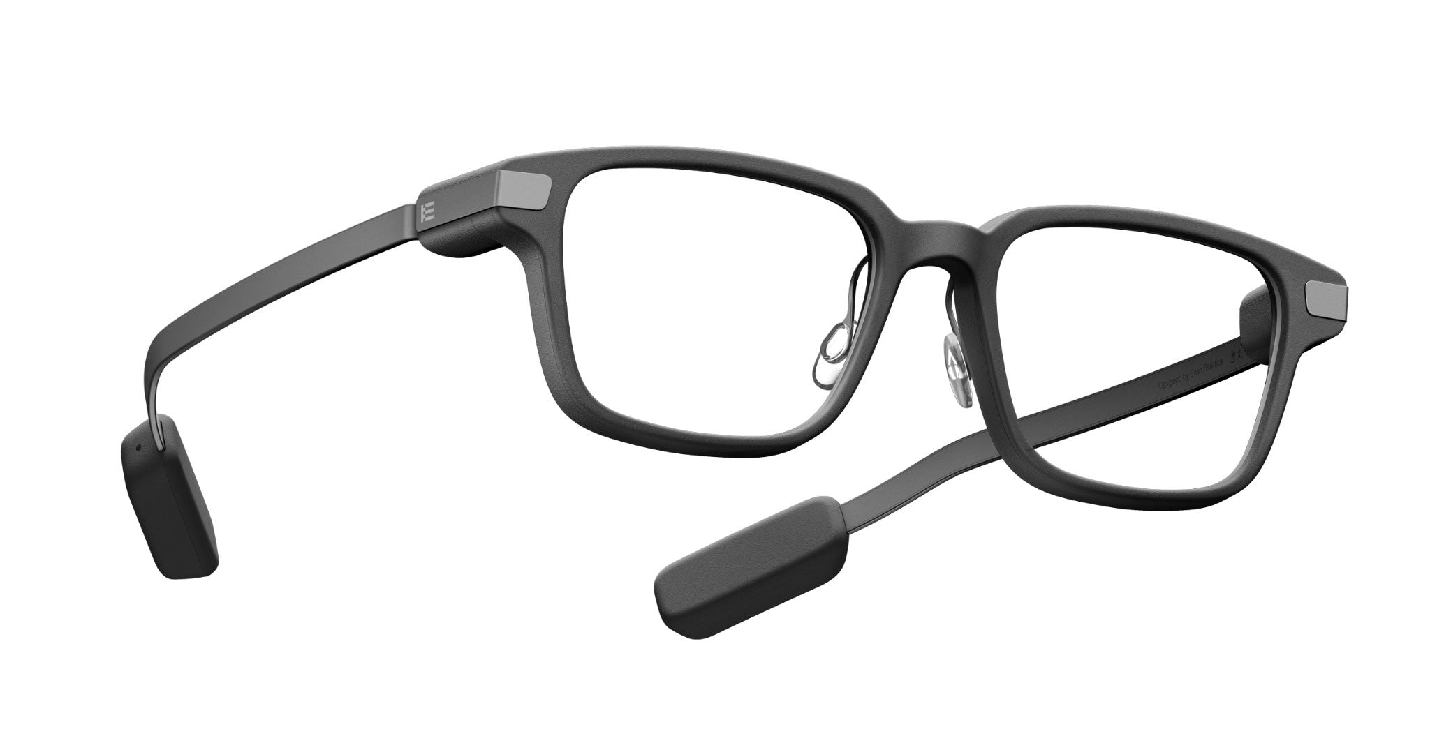 Even Realities G2 B Smart Eyeglasses, black frames with bone conduction speakers, front view.