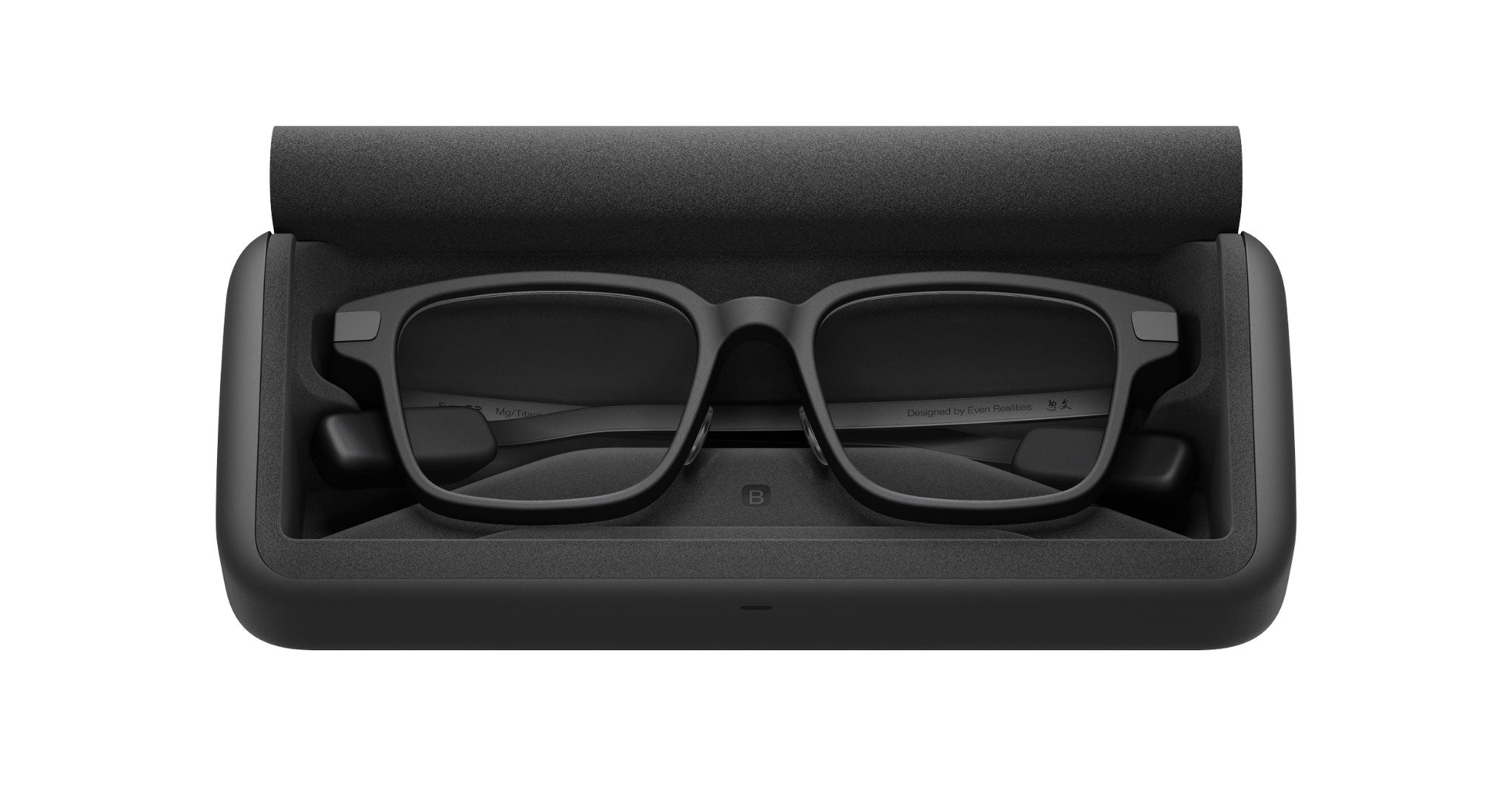 Even Realities G2 B Smart Eyeglasses in black case, front view showing frames and case with brand and model visible.