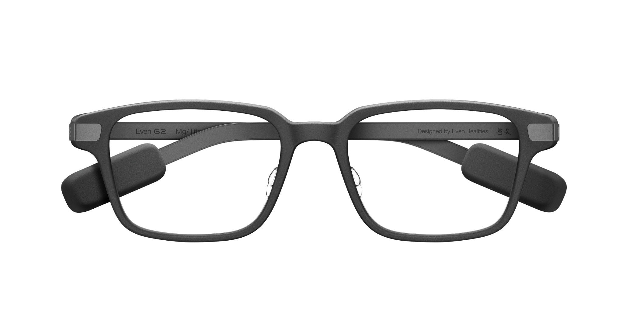 Even Realities G2 B smart eyeglasses, black with thick frames and built-in speakers, front view.