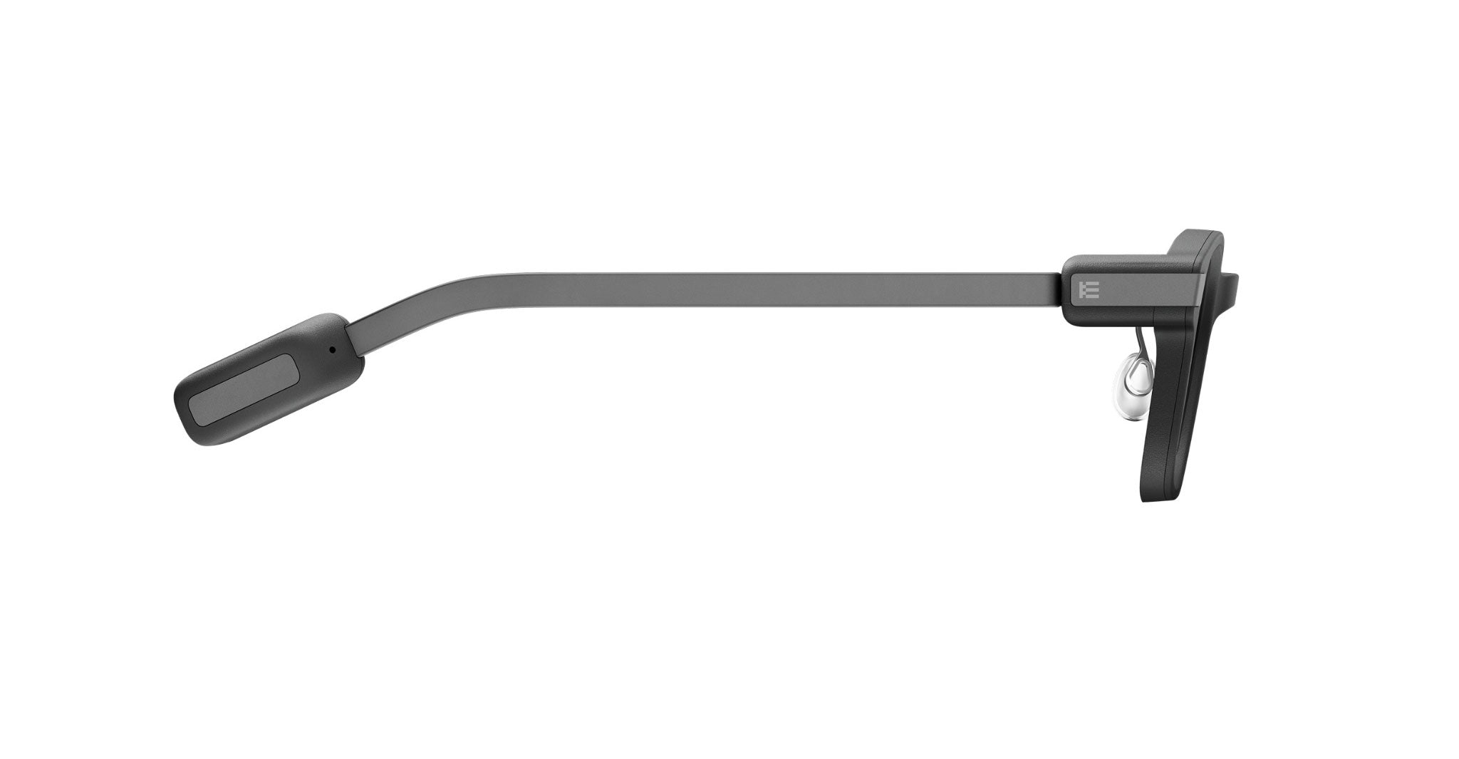 Side view of Even Realities G2 B Smart Eyeglasses with attached black boom microphone and ear hook, designed for hands-free use.