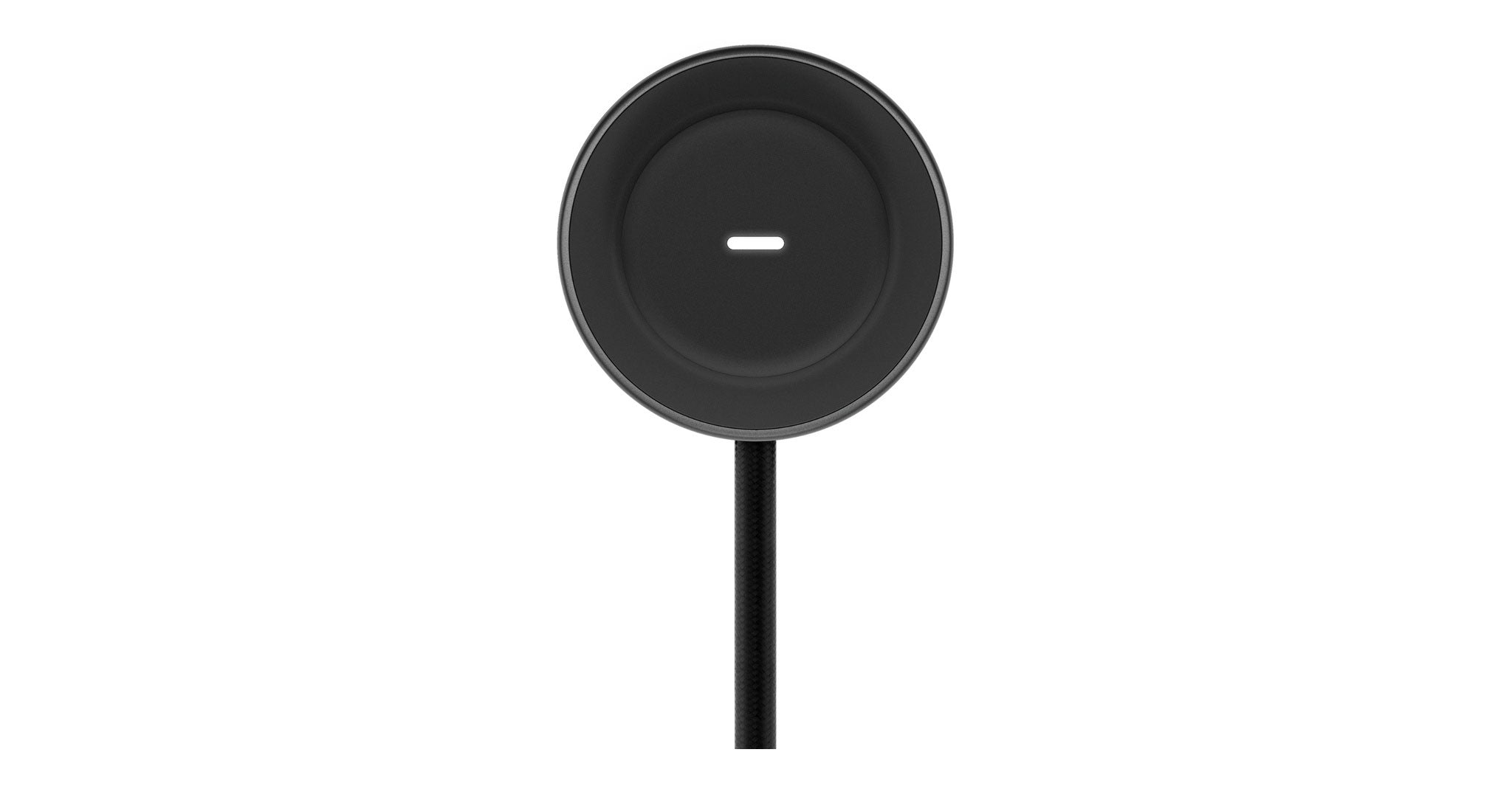 Even Realities R1 Ring Qi wireless charger, black with a white center line and braided charging cable, top view.