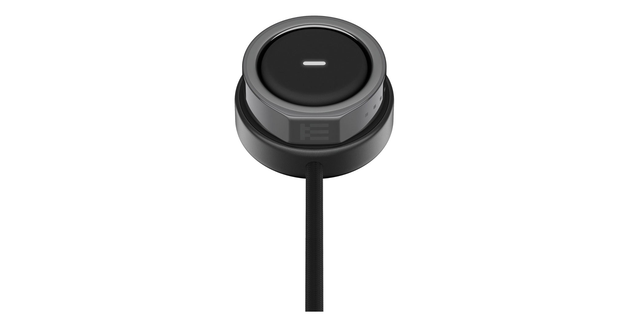 Even Realities R1 Ring rotary dial, black and gray with wired design, minus symbol on top, top-down view.