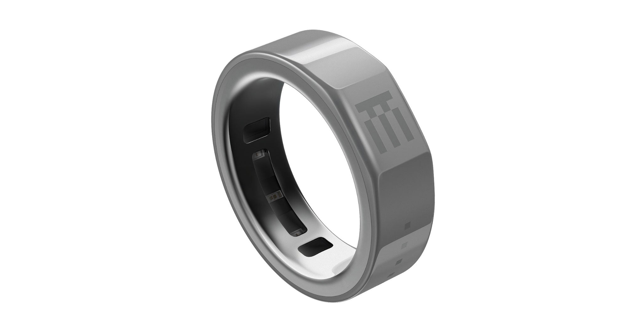 Even Realities R1 Ring smart ring in matte gray with geometric pattern, shown at an angle revealing inner advanced sensors.