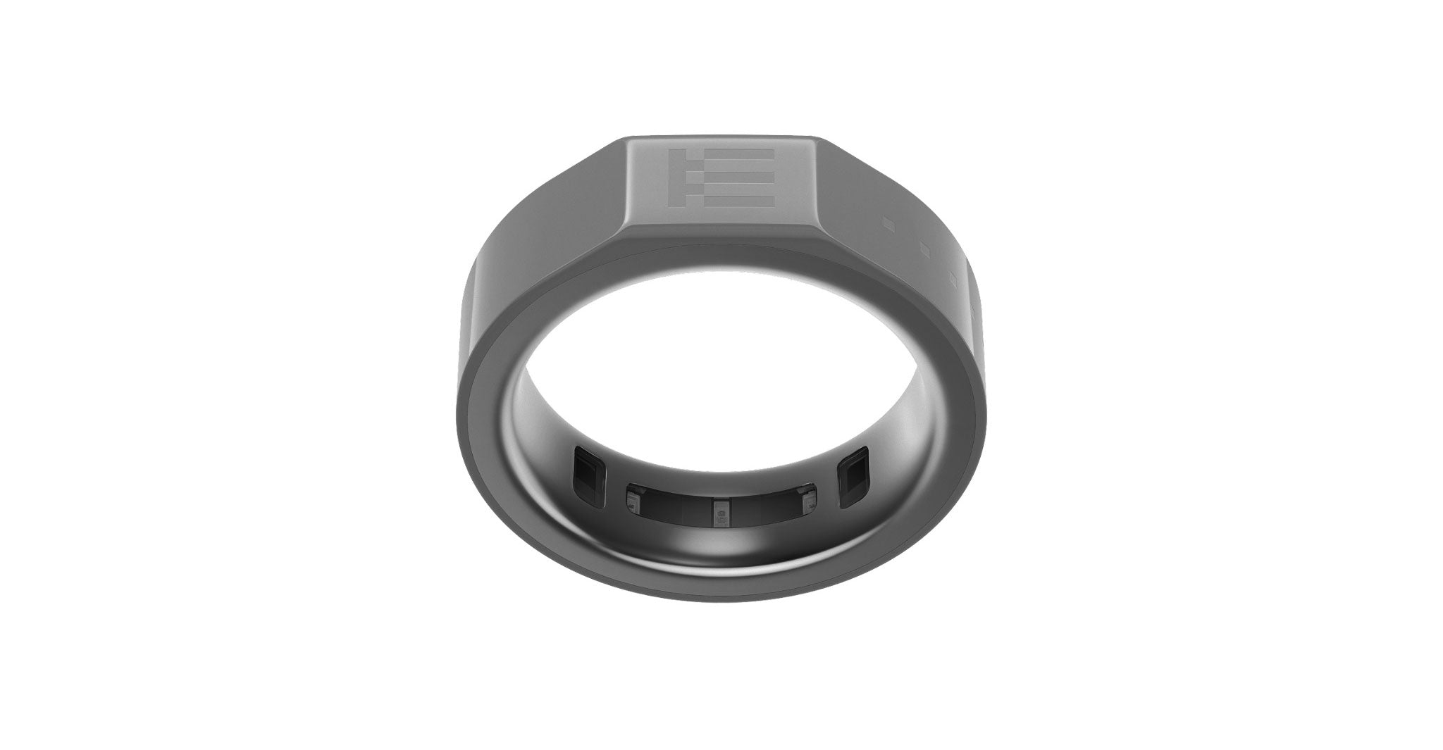 Close-up of the gray Even Realities R1 Ring, featuring a flat top and geometric logo, viewed from above.