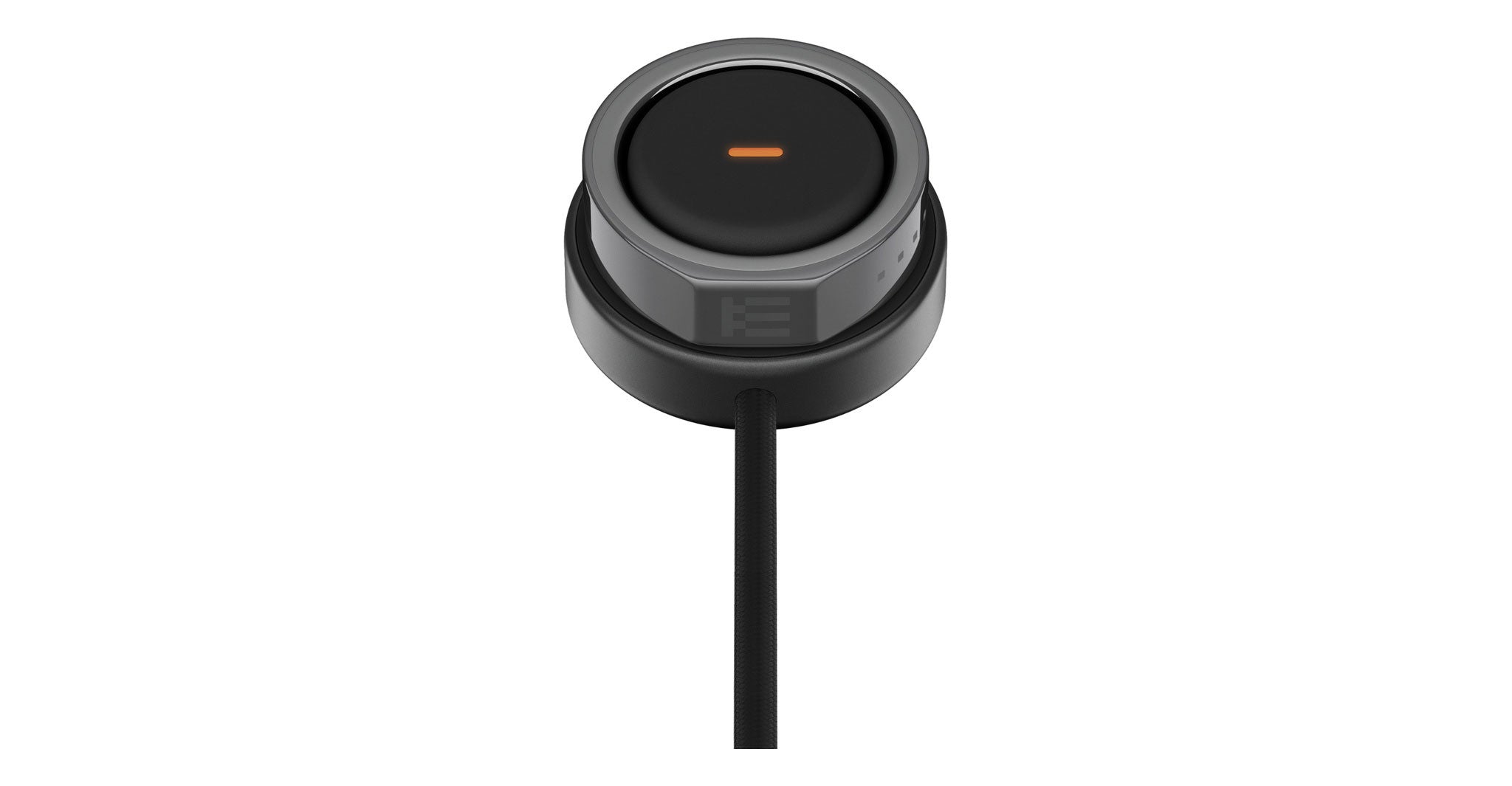 Even Realities R1 Ring control knob, wired, black and gray with orange line for precision; side angle view visible.