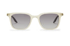 Front view of square-shaped sunglasses with light beige translucent frames and dark gradient lenses, displayed on a white background.