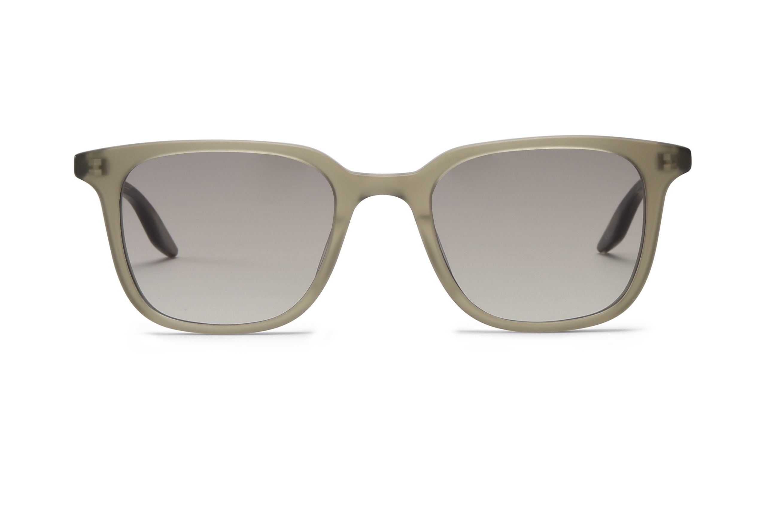 A pair of sunglasses with square, slightly rounded gray-tinted lenses and translucent light gray frames, displayed against a plain white background.