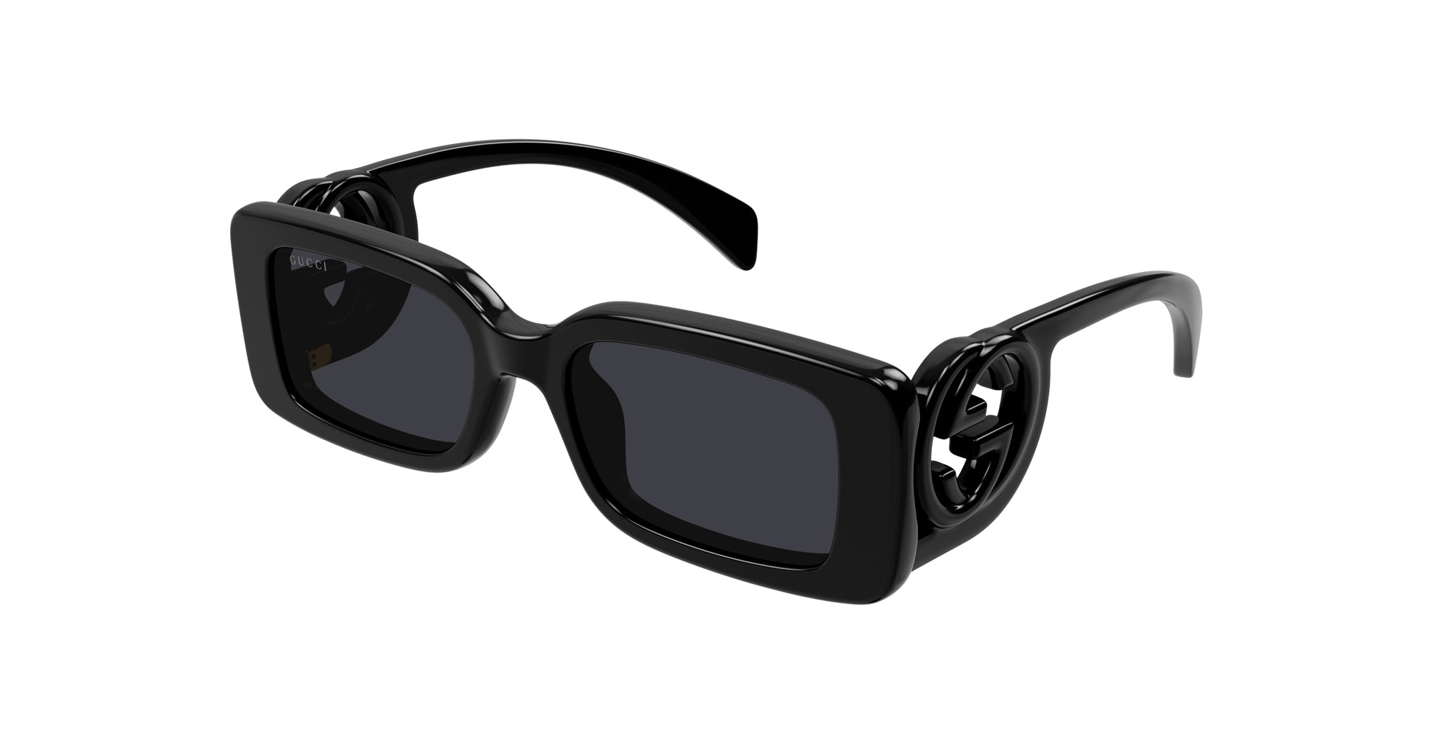Gucci GG1325S sunglasses, black rectangular frames with cutout arms, shown from a side angle.