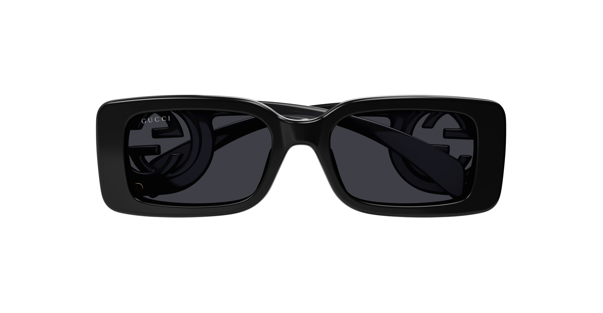 Gucci GG1325S black rectangular sunglasses with thick frames and dark lenses, front-facing view.