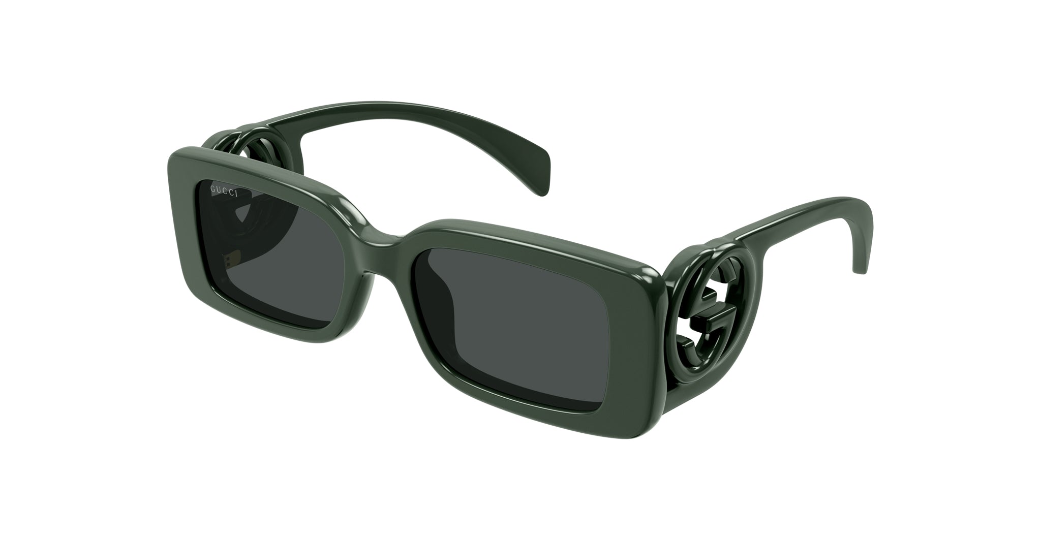 Gucci GG1325S dark green rectangular sunglasses with thick frames and bold logo on temples, front angle view.
