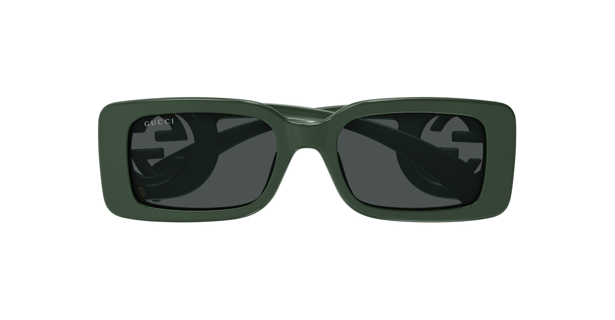 Gucci GG1325S sunglasses, rectangular dark green thick frames, black lenses, Gucci logo visible on left lens, front view.