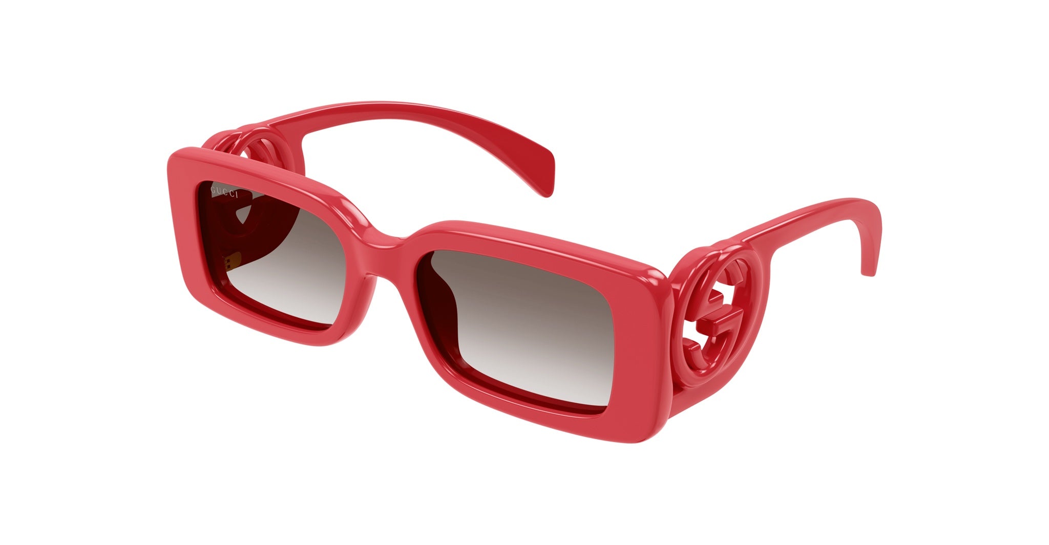 Gucci GG1325S red square sunglasses with gradient lenses, bold side arms, and a cut-out G logo; front angled view.