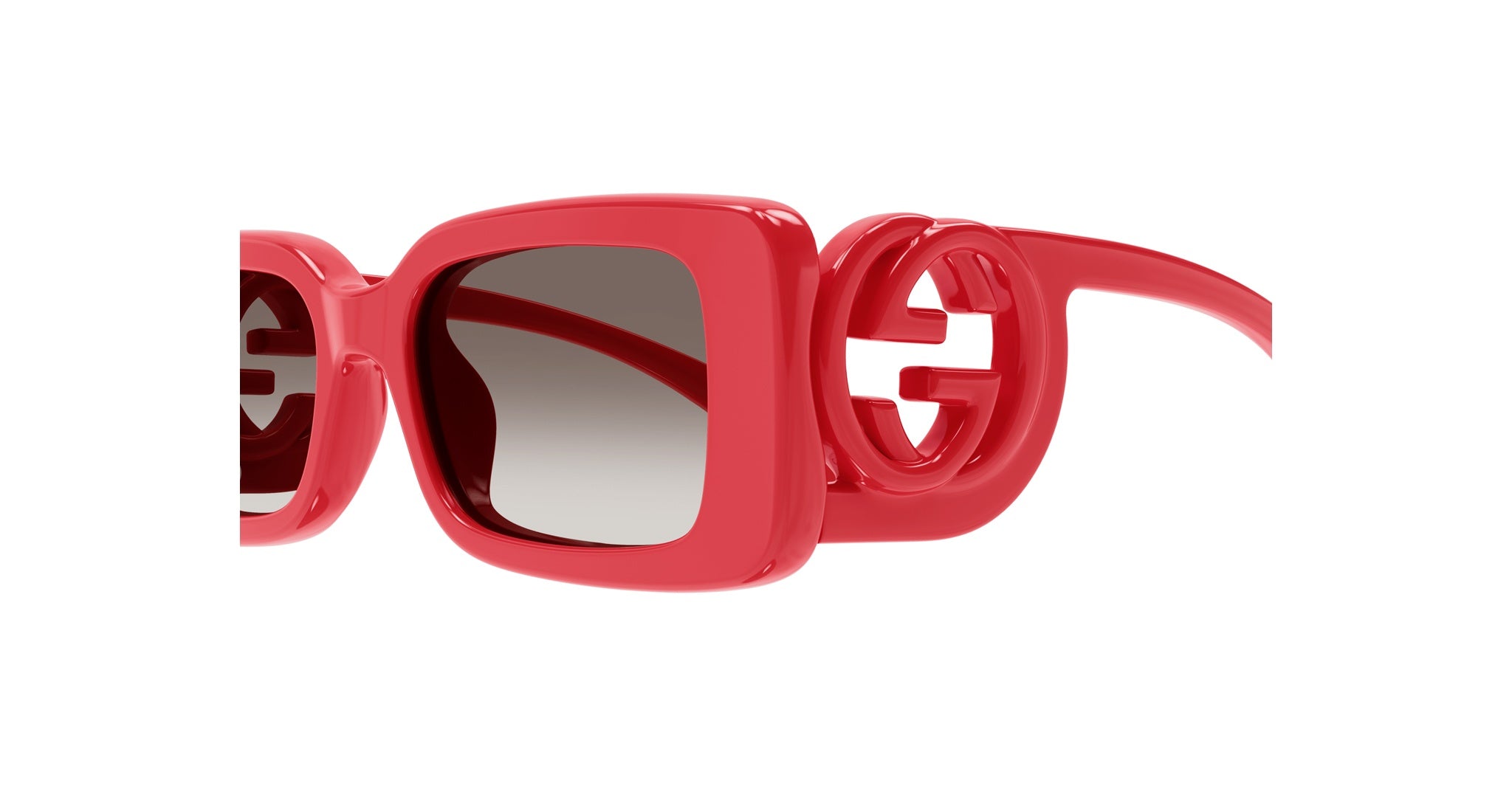 Close-up of Gucci GG1325S red square sunglasses, showing the cut-out double G logo on the temple.