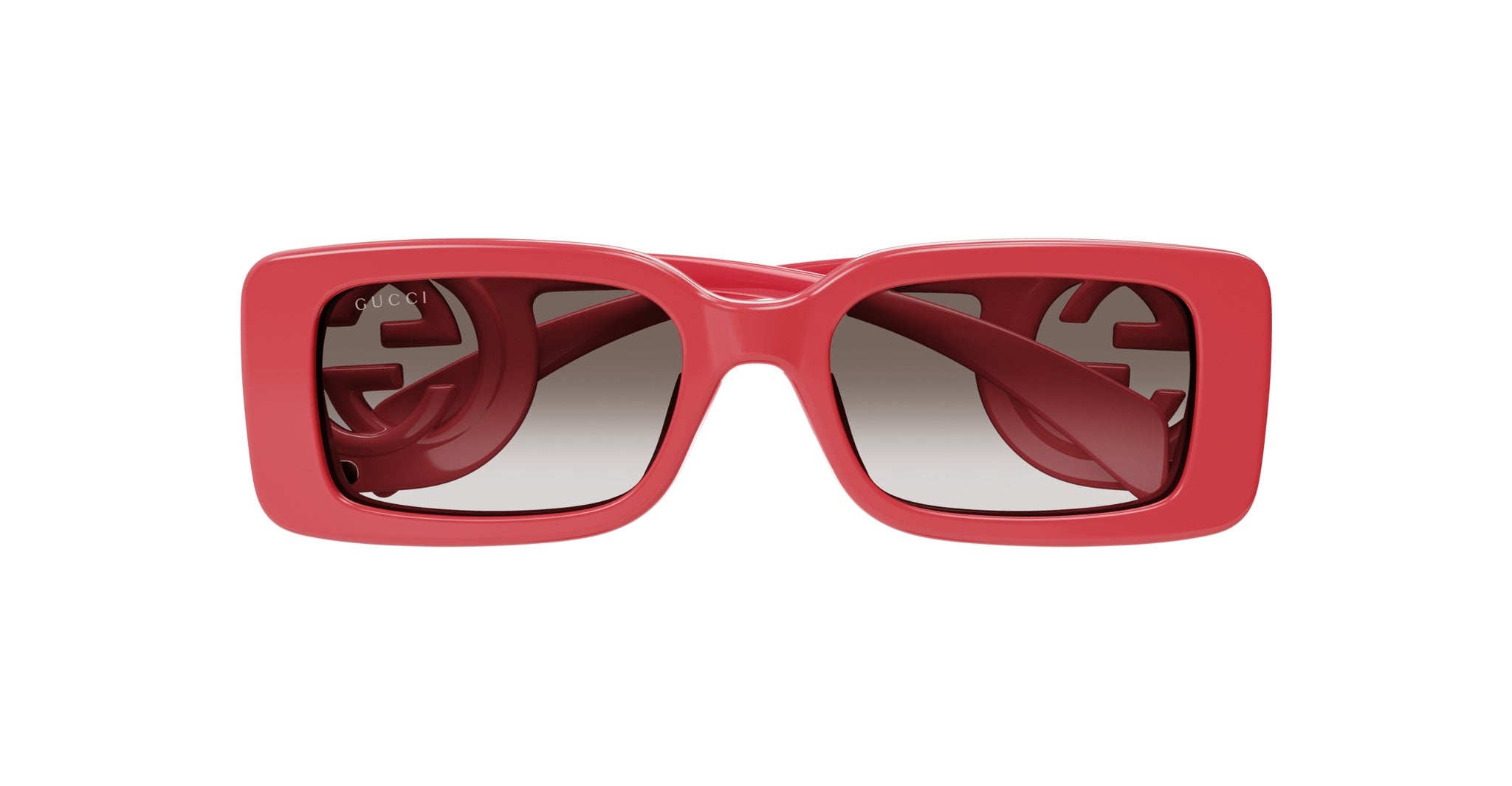 Gucci GG1325S rectangular red sunglasses, thick frames, gradient lenses, side view showing cut-out Gucci logo on temples.