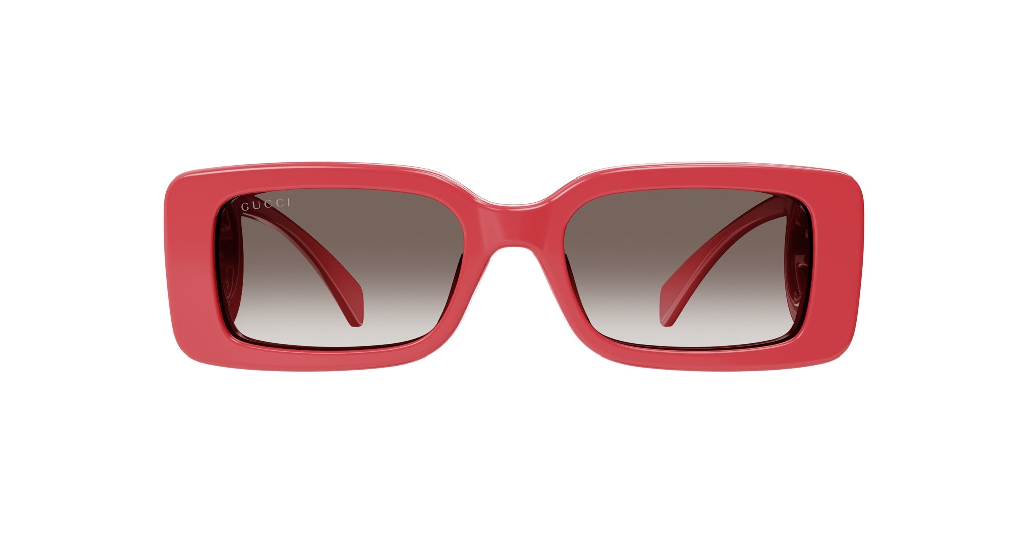 Gucci GG1325S sunglasses, front view: red rectangular thick frames with dark gradient lenses.