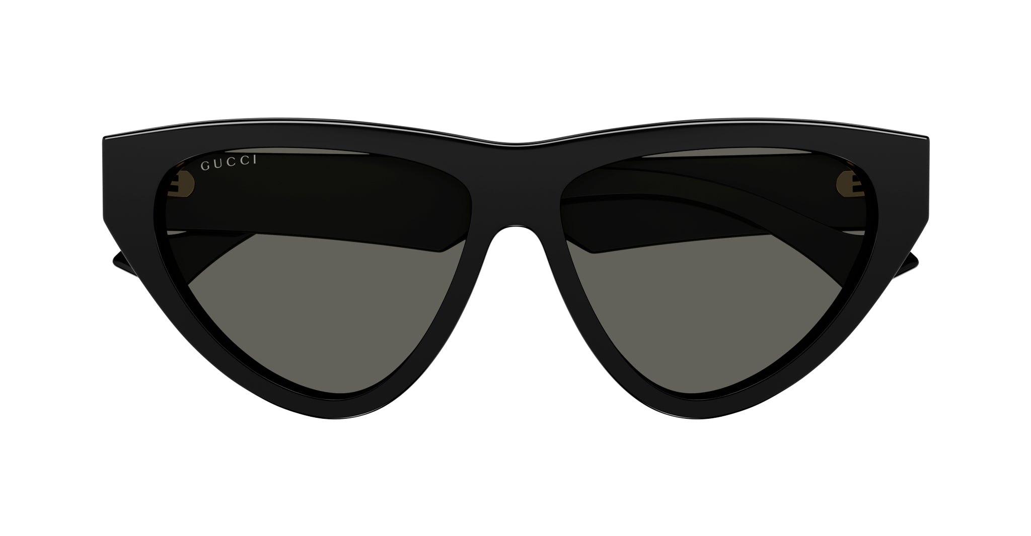 Gucci GG1333S black cat-eye sunglasses with dark lenses and a gold Gucci logo on the upper left arm, shown on a plain white background.
