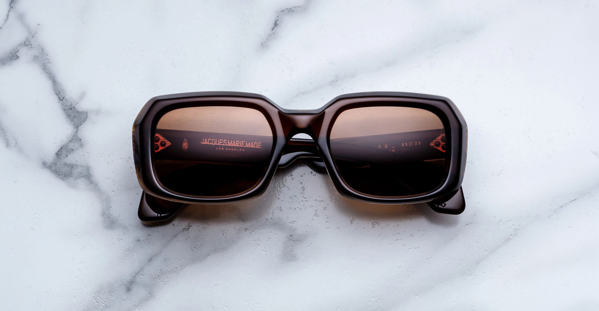 Jacques Marie Mage Aldo brown square sunglasses with dark lenses, front view, eyewear product.