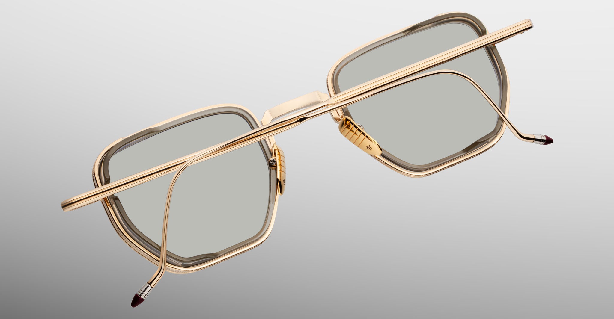Jacques Marie Mage Atkins gold square eyeglasses with gray lenses, back view.
