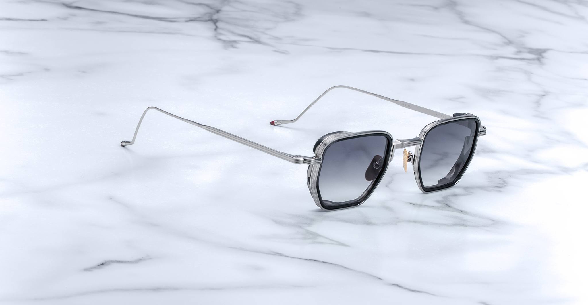 Jacques Marie Mage Atkins square-lens aviator sunglasses with thin metal arms, top view.