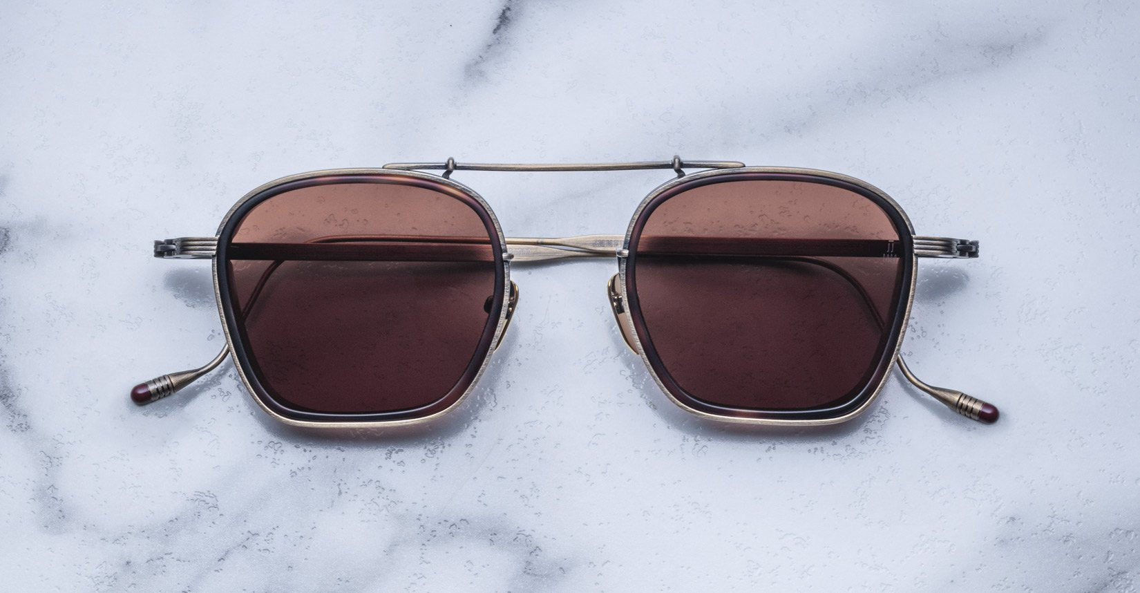 Jacques Marie Mage Baudelaire 2 square vintage sunglasses with brown lenses, top view showing full frame and lenses.