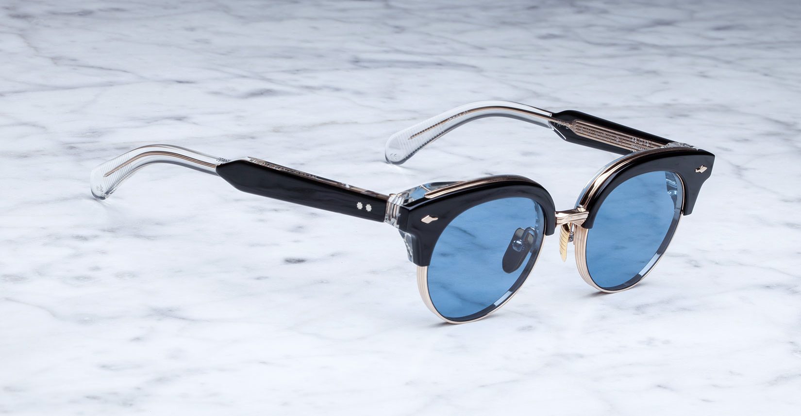 Jacques Marie Mage Beauvoir sunglasses, blue lenses, black-silver frames, top view.