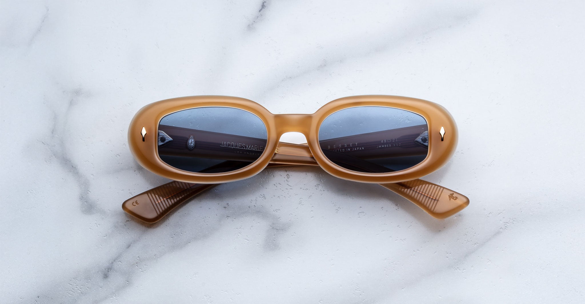 Jacques Marie Mage Besset sunglasses in tan with blue lenses front view