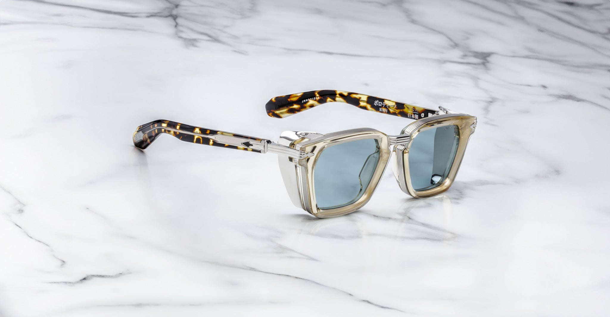 Jacques Marie Mage Borodino sunglasses, blue lenses, tortoiseshell arms, side view.