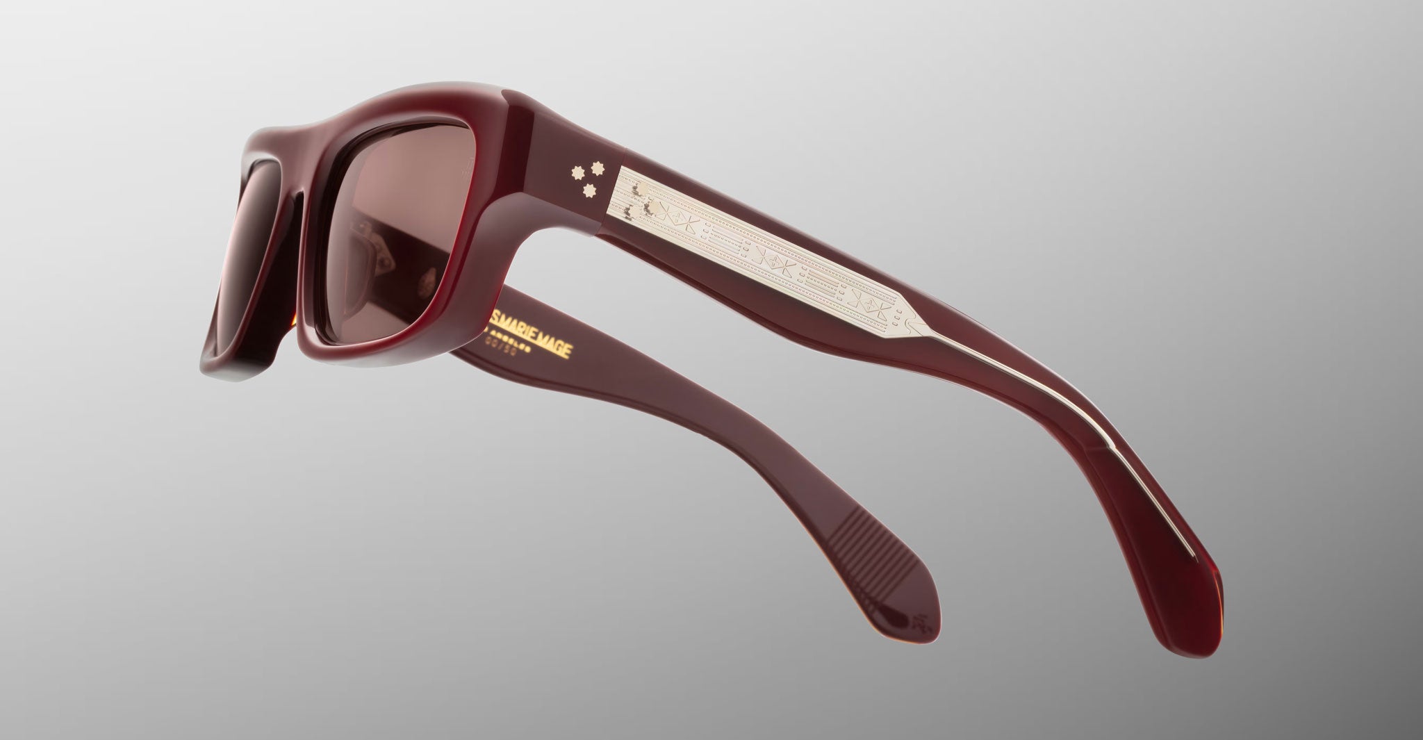 Jacques Marie Mage Cleavon 57 maroon rectangular sunglasses with gold temples, front view.