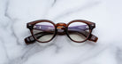 Jacques Marie Mage Clemens in Hickory round brown eyeglasses with clear lenses, viewed from above.