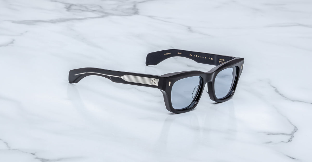 Jacques Marie Mage Dealan 53 black rectangular sunglasses with silver arms, shown from the front angle.