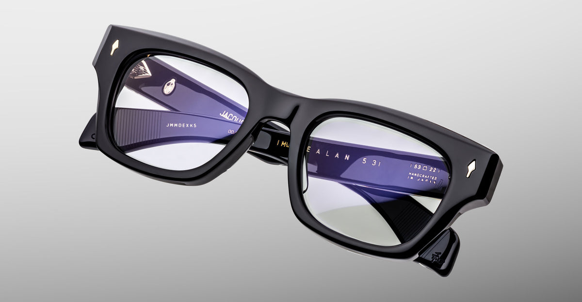Jacques Marie Mage Dealan 53 black rectangular eyeglasses with thick frames, silver accents, and clear lenses, front view.