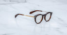 Jacques Marie Mage Desnos round tortoiseshell eyeglasses with gold arms, top view.