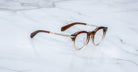 Jacques Marie Mage Desnos round eyeglasses, brown and clear ombré acetate with silver accents, shown from a front angle.