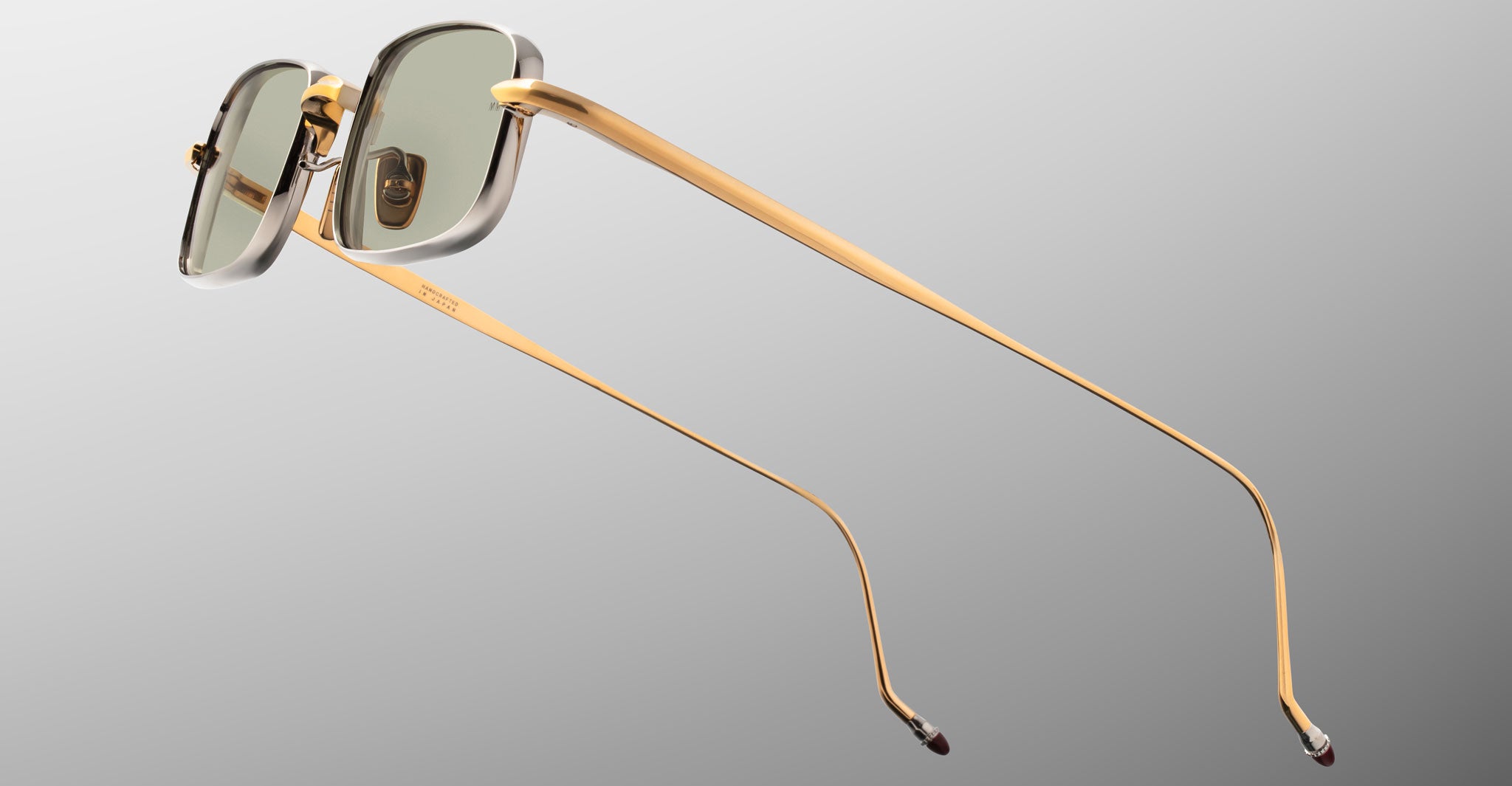 Jacques Marie Mage Dusk aviator sunglasses, gold frames, green lenses, rear view.