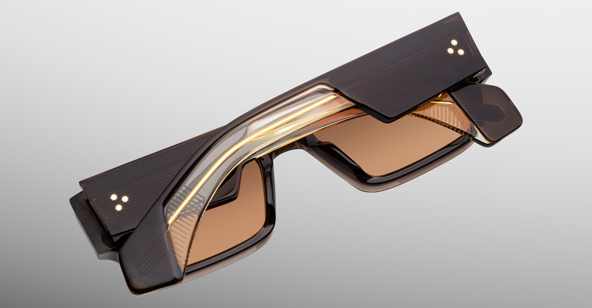 Jacques Marie Mage Engel sunglasses, angular frame, brown lenses, tech accents, front-facing view.