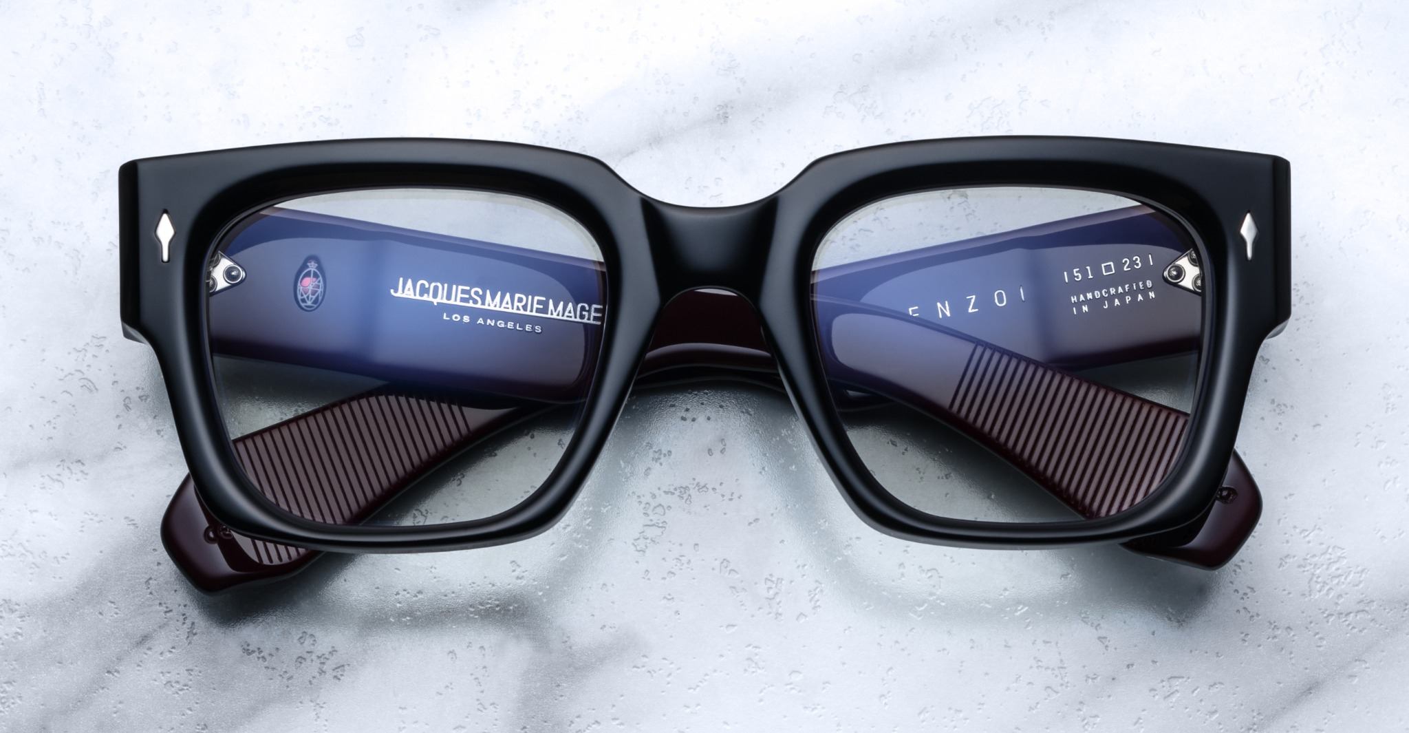Jacques Marie Mage Enzo black thick-rimmed eyeglasses, top view, classic design, acetate frame.