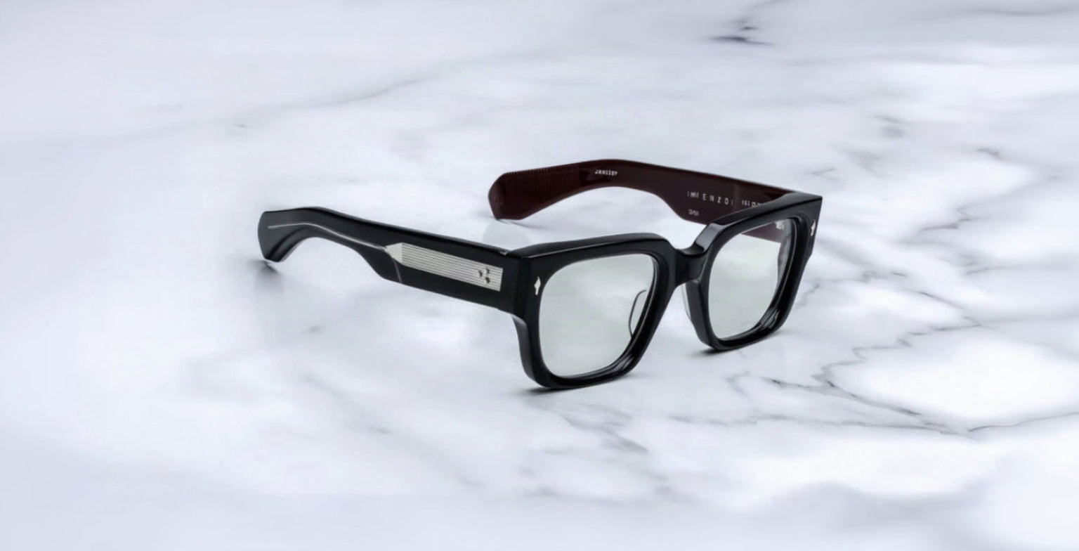 Jacques Marie Mage Enzo eyeglasses, black rectangular thick frames, silver accents, front view.