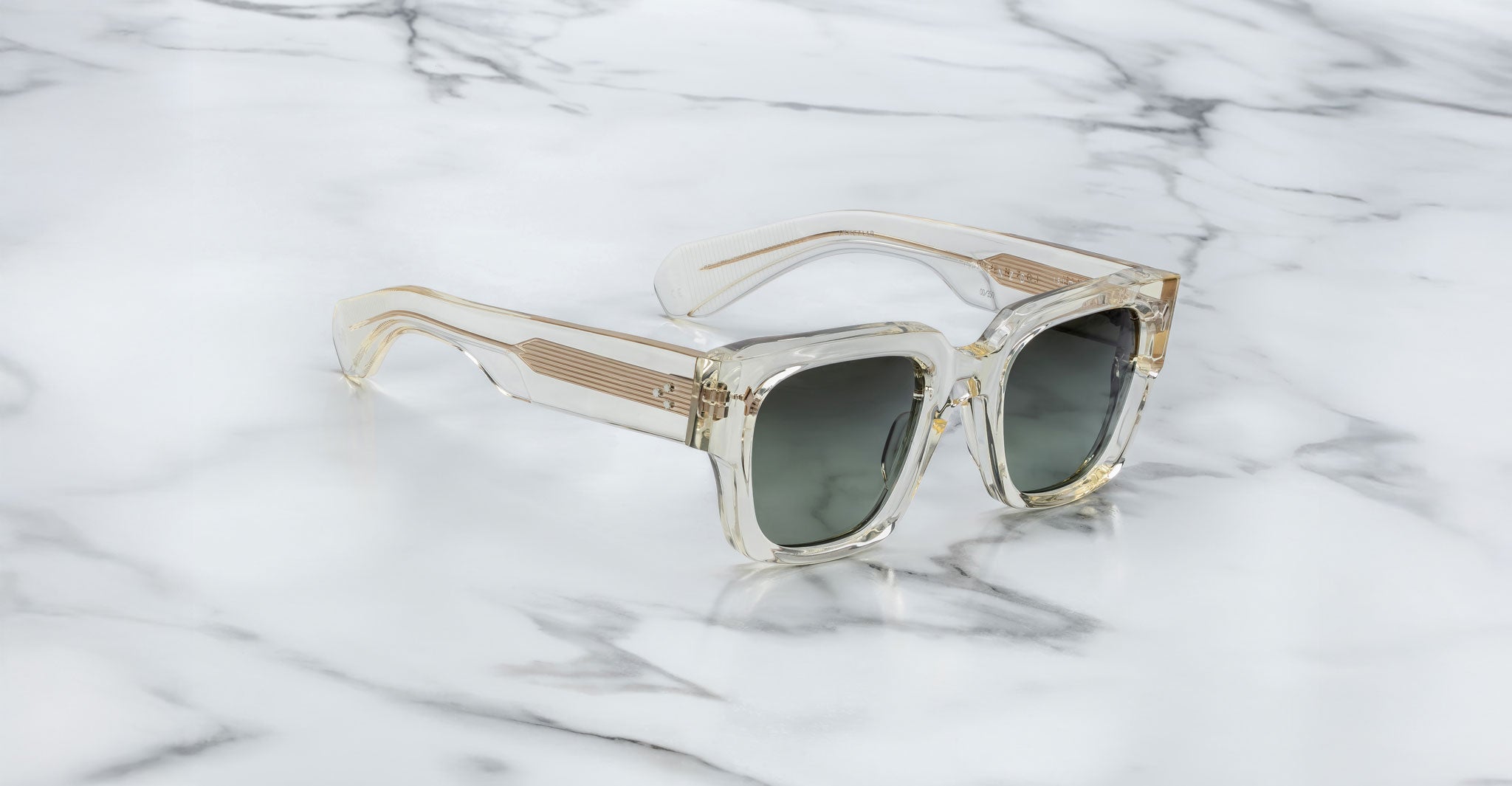 Jacques Marie Mage Enzo square-frame sunglasses with UV-protection lenses, top-down view.